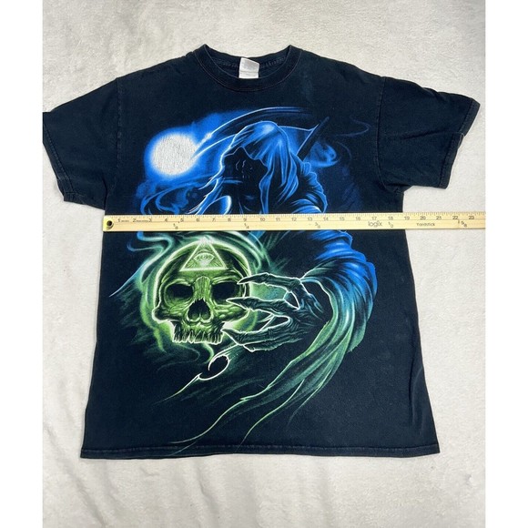 Vtg Y2K Grim Reaper Skull Gothic Illuminate Black Graphic T-Shirt Size Medium - Picture 5 of 7